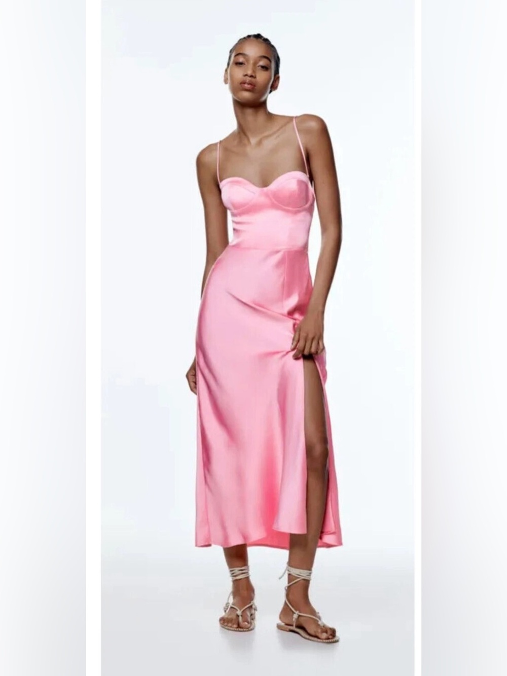 Zara Pink Satin Bustier Midi Dress with High Side Slit